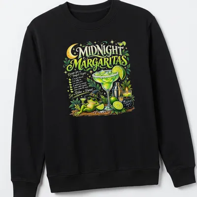 Whimsical graphic of a frog in a witch hat holding a margarita with a recipe text — printed on a unisex sweatshirt