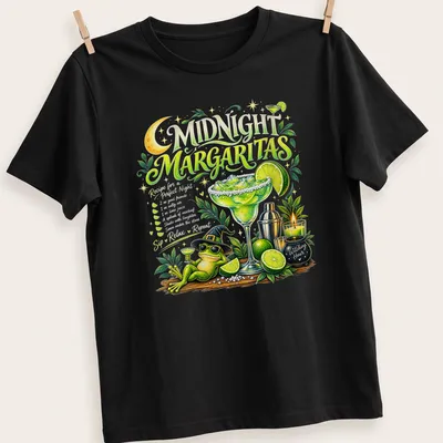 Whimsical graphic of a frog in a witch hat holding a margarita with a recipe text — printed on a unisex t-shirt