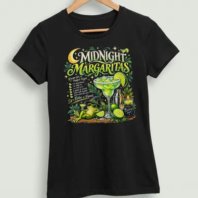 Whimsical graphic of a frog in a witch hat holding a margarita with a recipe text — printed on a women's shirt