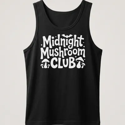 Vintage design featuring mushrooms and text 'Midnight Mushroom Club' in black, white, and purple. — printed on a tank top