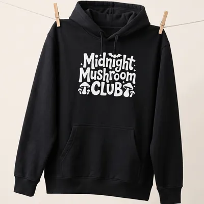 Vintage design featuring mushrooms and text 'Midnight Mushroom Club' in black, white, and purple. — printed on a unisex hoodie