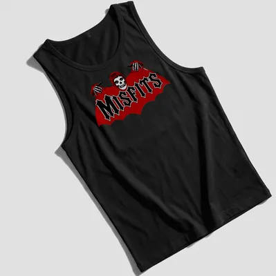 Bold graphic of a skull bat with MISFITS text in red, black, and white — printed on a tank top