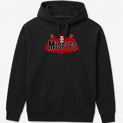 Bold graphic of a skull bat with MISFITS text in red, black, and white — printed on a unisex hoodie