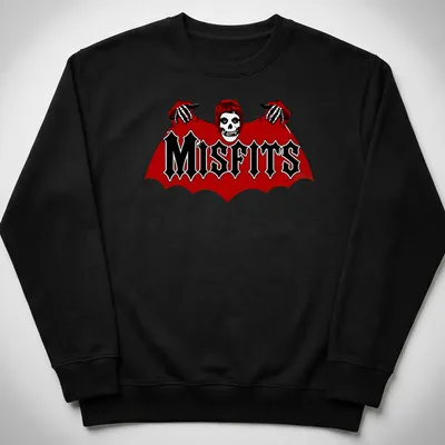 Bold graphic of a skull bat with MISFITS text in red, black, and white — printed on a unisex sweatshirt