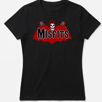 Bold graphic of a skull bat with MISFITS text in red, black, and white — printed on a women's shirt