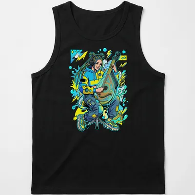 Pop art design of a Ukrainian girl playing a bandura in vibrant colors — printed on a tank top