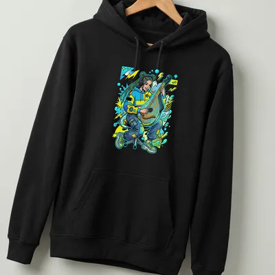 Pop art design of a Ukrainian girl playing a bandura in vibrant colors — printed on a unisex hoodie
