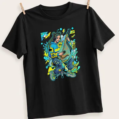 Pop art design of a Ukrainian girl playing a bandura in vibrant colors — printed on a unisex t-shirt