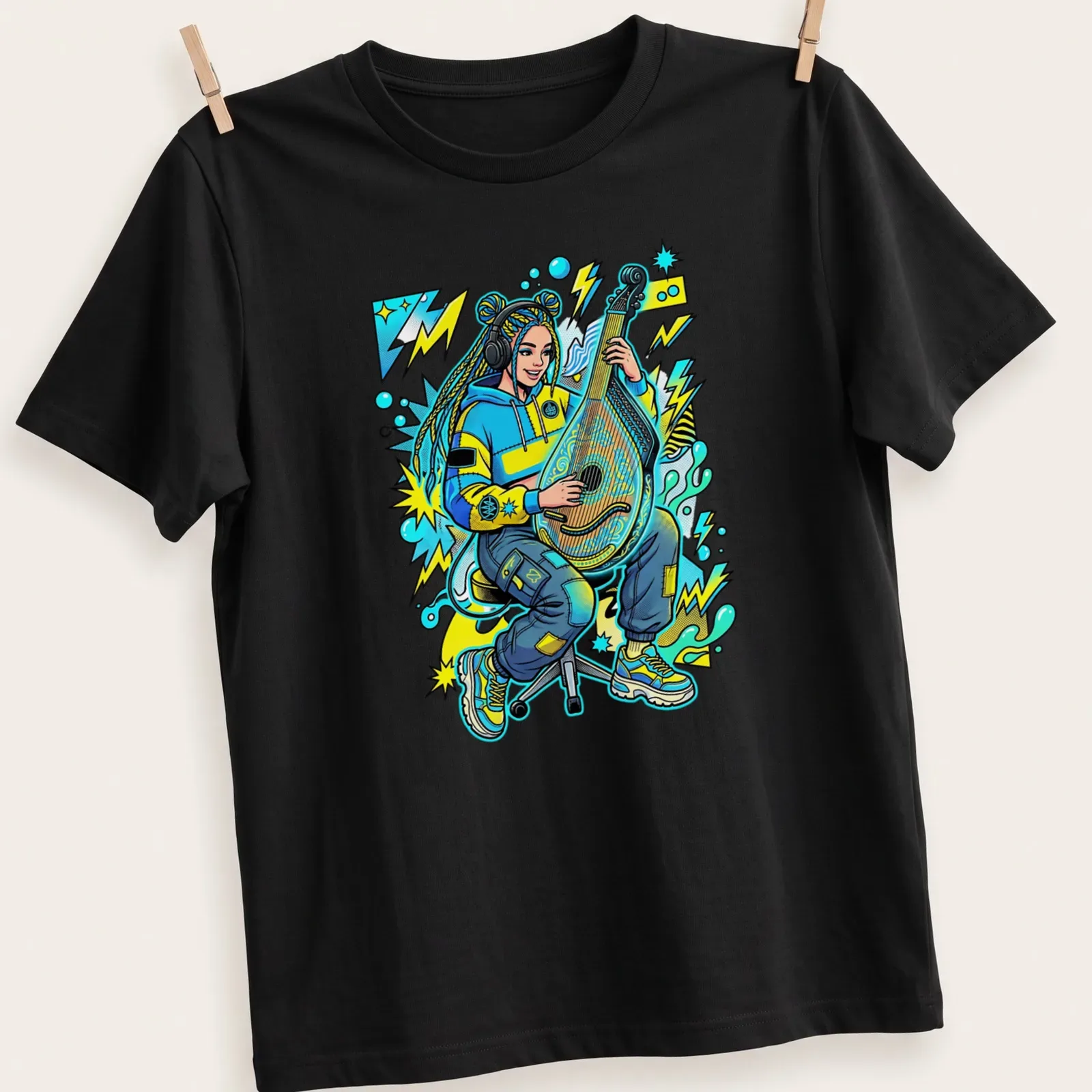 Pop art design of a Ukrainian girl playing a bandura in vibrant colors — printed on a unisex t-shirt