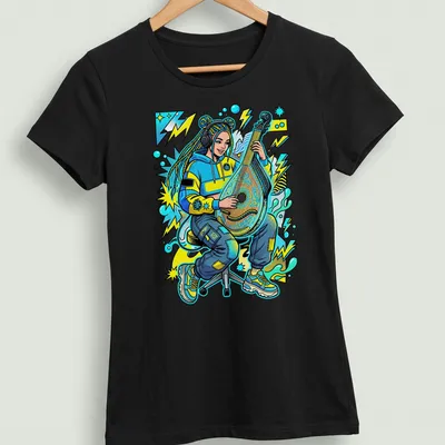 Pop art design of a Ukrainian girl playing a bandura in vibrant colors — printed on a women's shirt