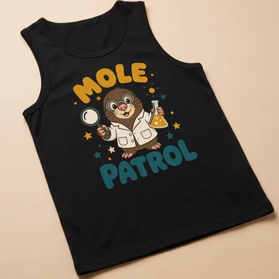 Colorful cartoon mole scientist with the text Mole Patrol above it. — printed on a tank top