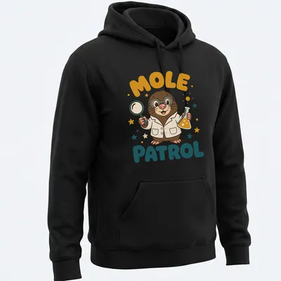 Colorful cartoon mole scientist with the text Mole Patrol above it. — printed on a unisex hoodie