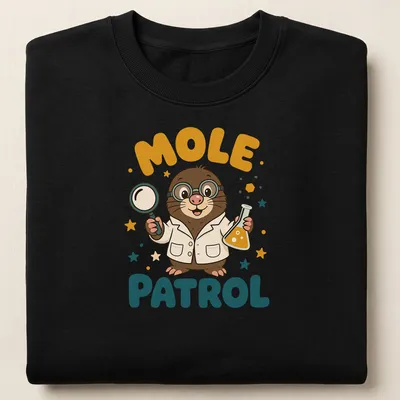 Colorful cartoon mole scientist with the text Mole Patrol above it. — printed on a unisex sweatshirt