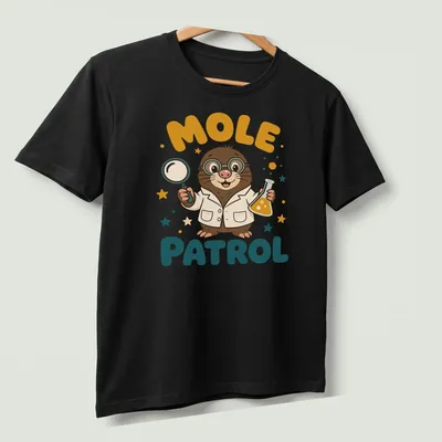 Colorful cartoon mole scientist with the text Mole Patrol above it. — printed on a unisex t-shirt (angled view)