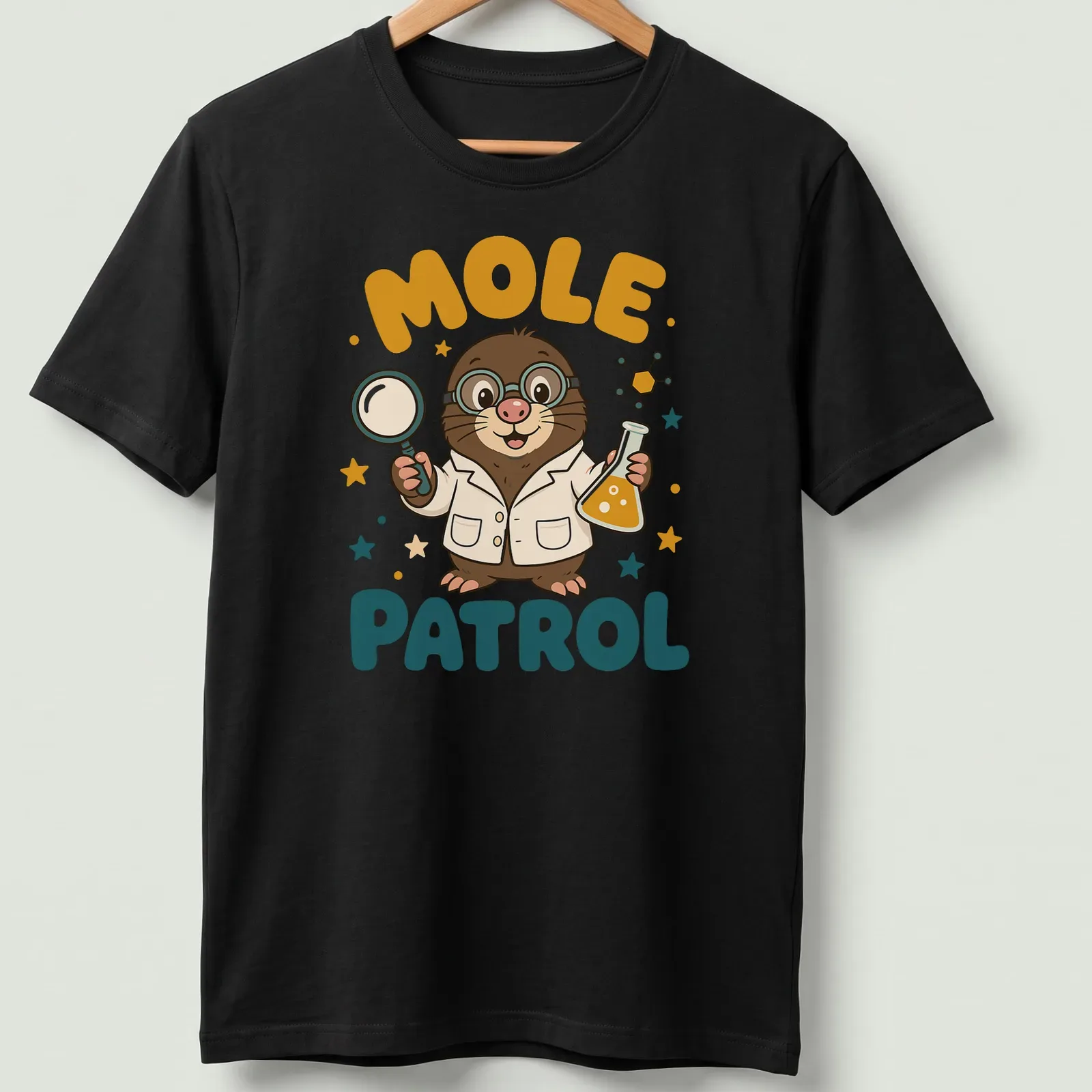 Colorful cartoon mole scientist with the text Mole Patrol above it. — printed on a unisex t-shirt