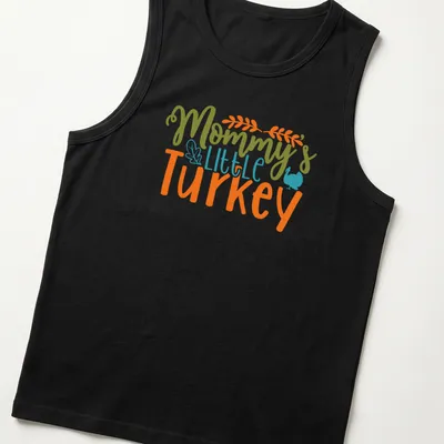 Playful script saying Mommy's Little Turkey above a cheerful cartoon turkey — printed on a tank top