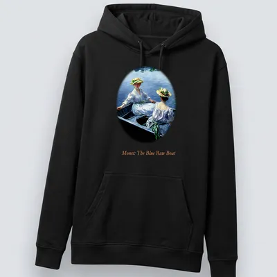Impressionist design of two women in a blue rowboat by Monet — printed on a unisex hoodie