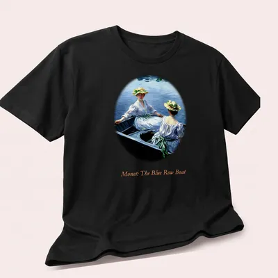 Impressionist design of two women in a blue rowboat by Monet — printed on a unisex t-shirt (angled view)