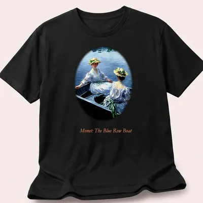 Impressionist design of two women in a blue rowboat by Monet — printed on a unisex t-shirt
