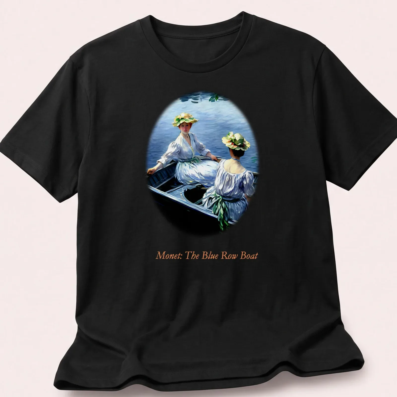 Impressionist design of two women in a blue rowboat by Monet — printed on a unisex t-shirt