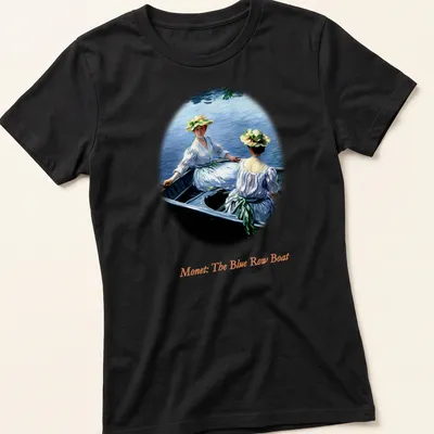 Impressionist design of two women in a blue rowboat by Monet — printed on a women's shirt