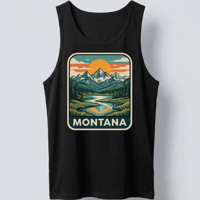 Retro print depicting Montana's Rocky mountains and lake in earth tones. — printed on a tank top