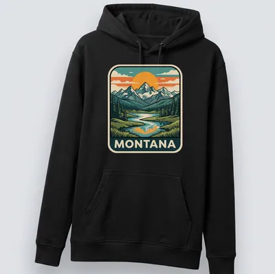 Retro print depicting Montana's Rocky mountains and lake in earth tones. — printed on a unisex hoodie