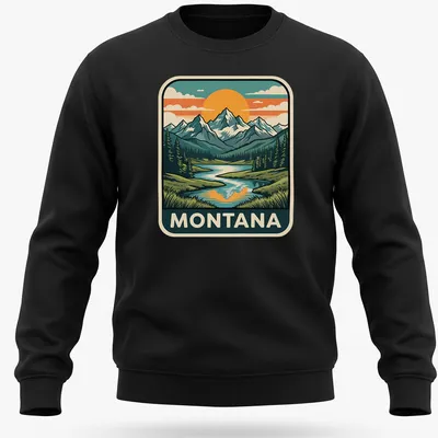 Retro print depicting Montana's Rocky mountains and lake in earth tones. — printed on a unisex sweatshirt