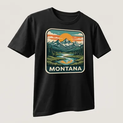 Retro print depicting Montana's Rocky mountains and lake in earth tones. — printed on a unisex t-shirt (angled view)