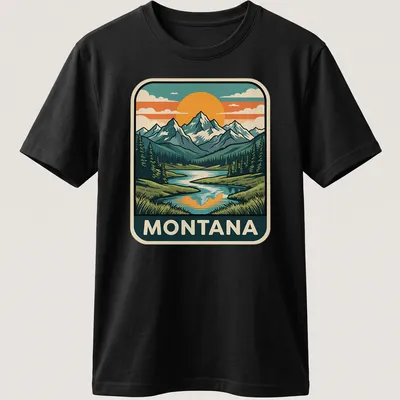 Retro print depicting Montana's Rocky mountains and lake in earth tones. — printed on a unisex t-shirt