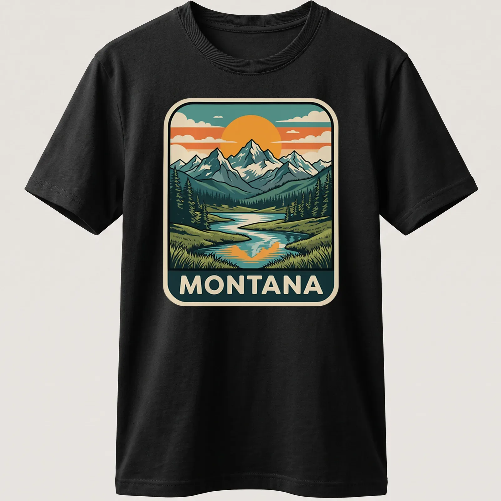 Retro print depicting Montana's Rocky mountains and lake in earth tones. — printed on a unisex t-shirt