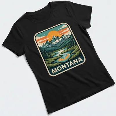 Retro print depicting Montana's Rocky mountains and lake in earth tones. — printed on a women's shirt