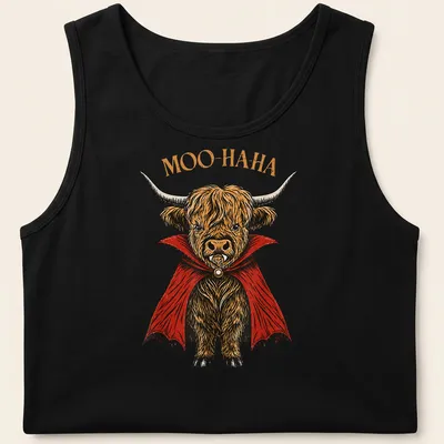 Vintage illustration of a Highland cow vampire with 'MOO-HA-HA' text — printed on a tank top