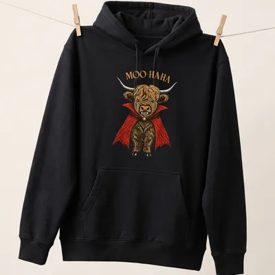 Vintage illustration of a Highland cow vampire with 'MOO-HA-HA' text — printed on a unisex hoodie