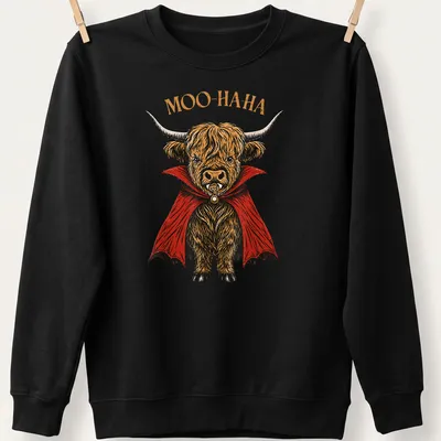 Vintage illustration of a Highland cow vampire with 'MOO-HA-HA' text — printed on a unisex sweatshirt