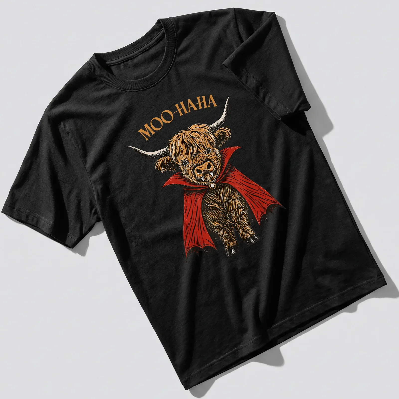 Vintage illustration of a Highland cow vampire with 'MOO-HA-HA' text — printed on a unisex t-shirt
