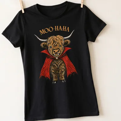 Vintage illustration of a Highland cow vampire with 'MOO-HA-HA' text — printed on a women's shirt