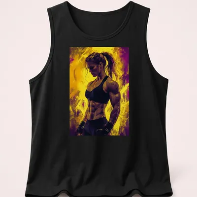 Abstract illustration of a muscular female figure in yellow and purple — printed on a tank top