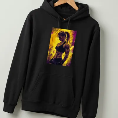 Abstract illustration of a muscular female figure in yellow and purple — printed on a unisex hoodie