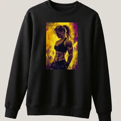 Abstract illustration of a muscular female figure in yellow and purple — printed on a unisex sweatshirt