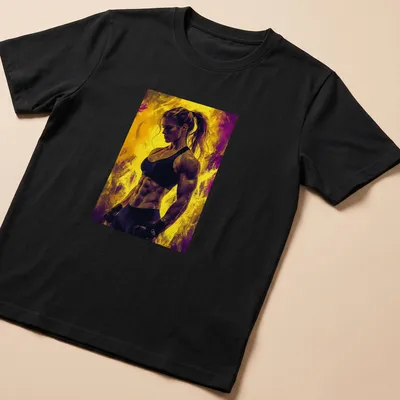 Abstract illustration of a muscular female figure in yellow and purple