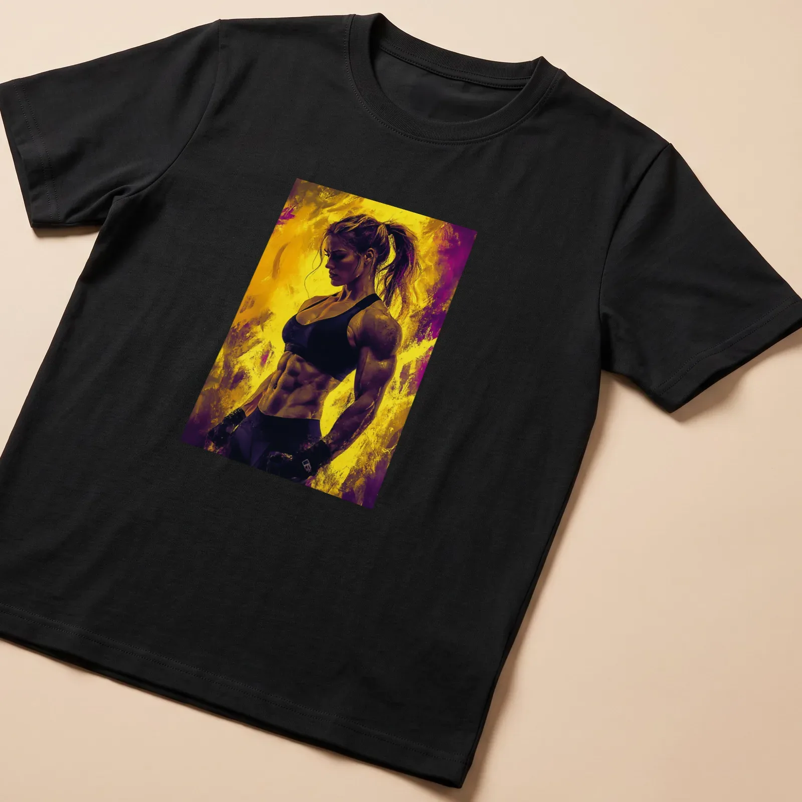 Abstract illustration of a muscular female figure in yellow and purple — printed on a unisex t-shirt