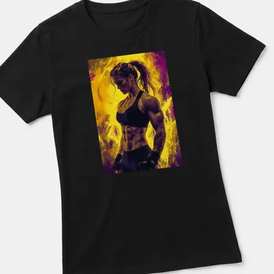 Abstract illustration of a muscular female figure in yellow and purple — printed on a women's shirt