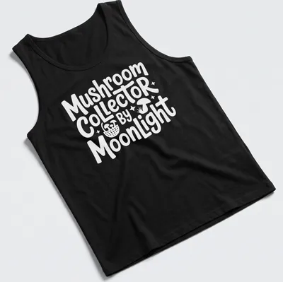 Whimsical illustration of a mushroom collector under moonlight with colorful elements — printed on a tank top