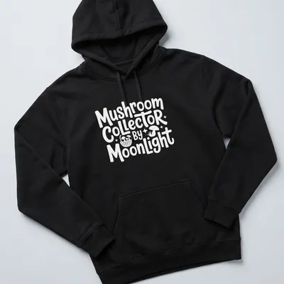 Whimsical illustration of a mushroom collector under moonlight with colorful elements — printed on a unisex hoodie
