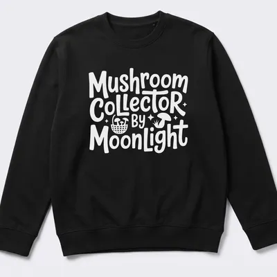 Whimsical illustration of a mushroom collector under moonlight with colorful elements — printed on a unisex sweatshirt
