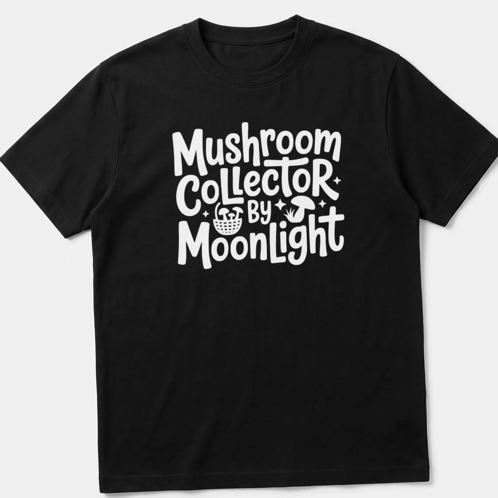 Whimsical illustration of a mushroom collector under moonlight with colorful elements — printed on a unisex t-shirt