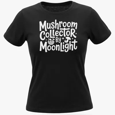Whimsical illustration of a mushroom collector under moonlight with colorful elements — printed on a women's shirt