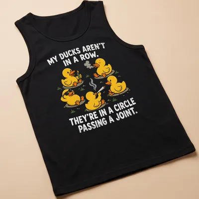 Cartoon ducks in a circle with humorous text about passing a joint — printed on a tank top