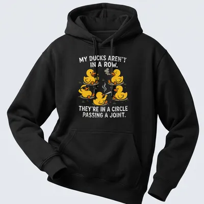 Cartoon ducks in a circle with humorous text about passing a joint — printed on a unisex hoodie